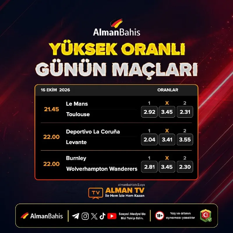Alman Bahis Telegram: ⚽️ #Almanbahis ile Günün Maçları! 📆 16.10.2026 ✅ Her Zaman En Yüksek Oran, Her…