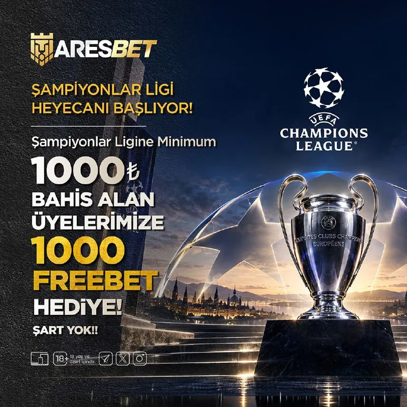 Aresbet Telegram: 🏆 ŞAMPİYONLAR LİGİ HEYECANI BAŞLIYOR 🏆 ⚽️ Şampiyonlar Ligine Minimum 1.000₺…