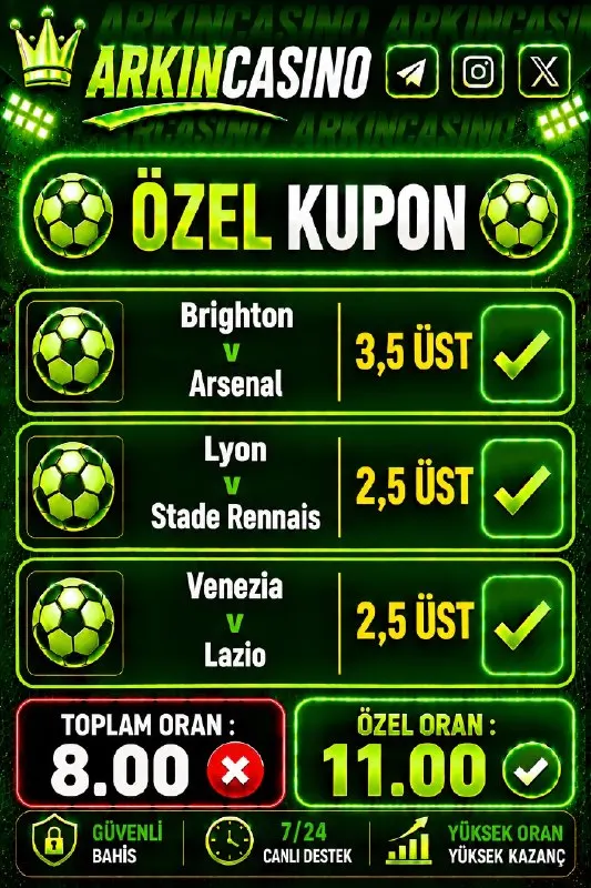 Arkın Casino Telegram: 📌 İlk yatırımına %100 Casino Hoşgeldin Bonusu 📌 Cuma-Cumartesi-Pazar günlerine…