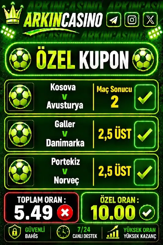 Arkın Casino Telegram: 📌 İlk yatırımına %100 Casino Hoşgeldin Bonusu 📌 Cuma-Cumartesi-Pazar günlerine…