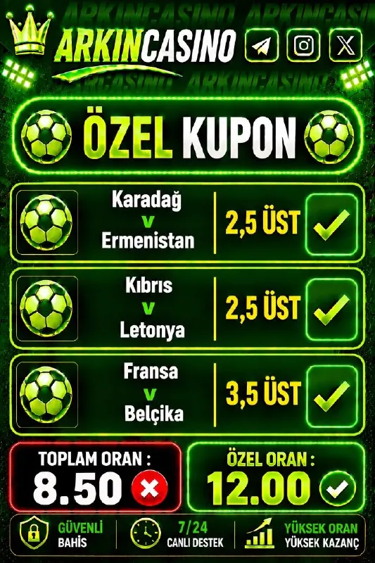 Arkın Casino Telegram: 📌 İlk yatırımına %100 Casino Hoşgeldin Bonusu 📌 Cuma-Cumartesi-Pazar günlerine…