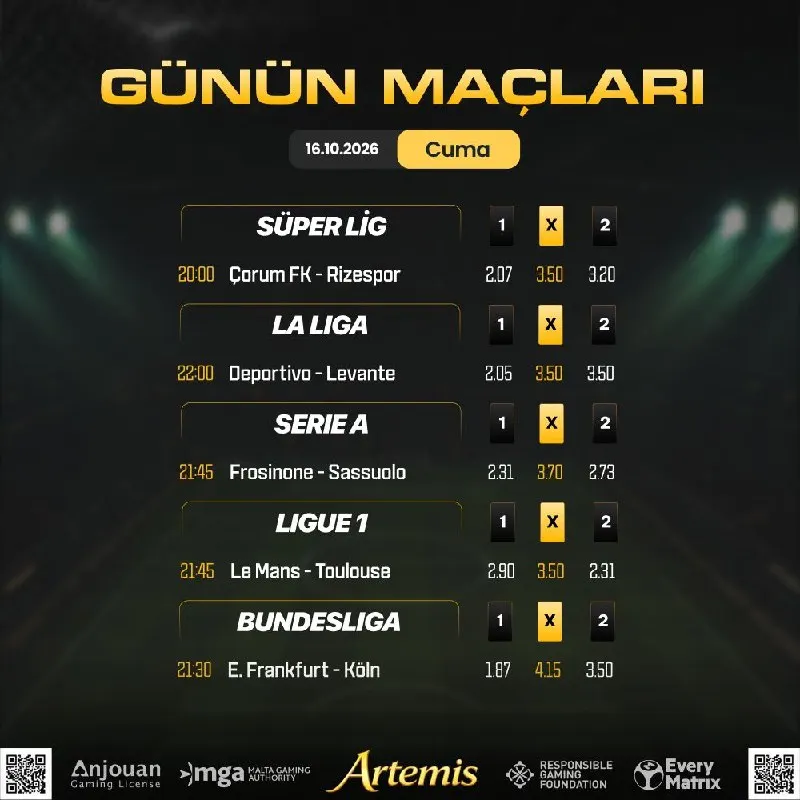 Artemisbet Telegram: 🤩GÜNÜN MAÇLARI SAHNEDE! 💰Kazananlar bugün Artemis ile oynuyor. 💛Sen de tarafını…