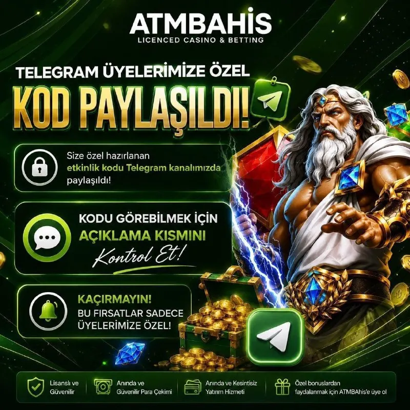 ATMBahis Telegram: Telegrama Özel Etkinlik 🤩 🎁 KOD: GOLOLUR Geçerli Alan: Casino Kural: Nakit…