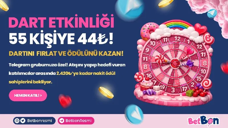 Betbon Telegram: 🎯 DART ETKİNLİĞİ BAŞLADI! 🎯 📅 14.10.2026 🕖 Saat: 19:00 – 4:00 🎯 Kurallar: • İlk…