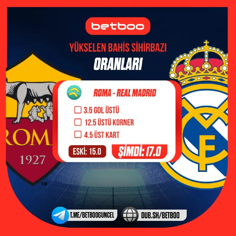 Betboo Telegram: 💣 Yükselen Bahis Sihirbazı Oranları! 🔥 🇮🇹 AS Roma 🆚 Real Madrid 🇪🇸 ⚽️ 3.5 Gol…