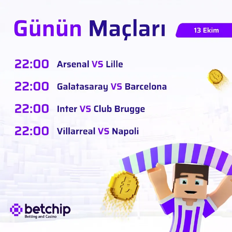 Betchip Telegram: ⚽️ Betchip ile futbol heyecanı zirvede! Arsenal - Lille, Galatasaray…