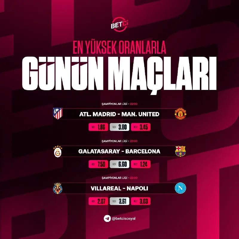 Betçi Telegram: ⚽️ GÜNÜN MAÇ BÜLTENİ! 🏆 Atl. Madrid 🫠 Man. United 🏆 Galatasaray 🫠 Barcelona 🏆…