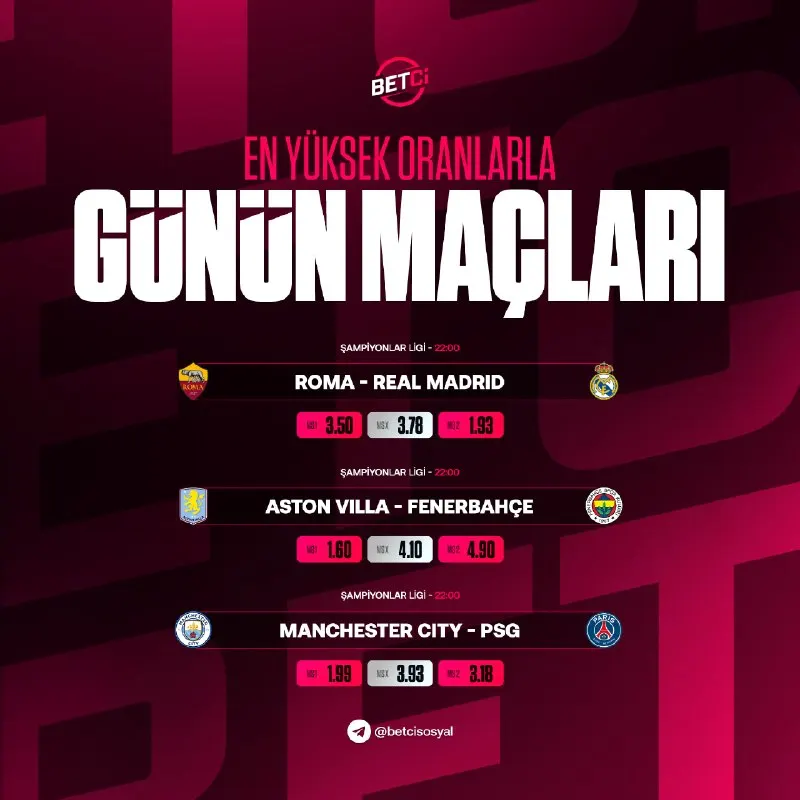 Betçi Telegram: ⚽️ GÜNÜN MAÇ BÜLTENİ! 🏆 Roma 🫠 Real Madrid 🏆 Aston Villa 🫠 Fenerbahçe 🏆…