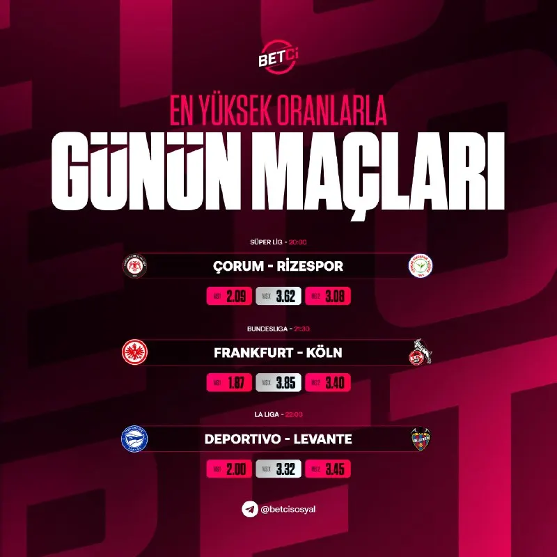 Betçi Telegram: ⚽️ GÜNÜN MAÇ BÜLTENİ! 🇹🇷 Çorum 🫠 Rizespor 🇩🇪 Frankfurt 🫠 Köln 🇪🇸 Deportivo 🫠…