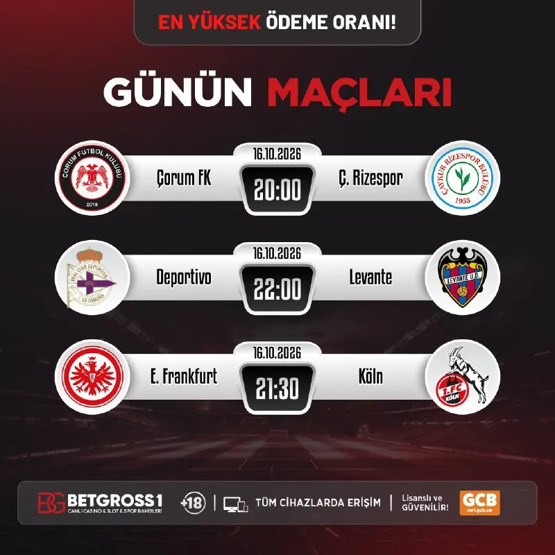 Betgross Telegram: ⚽️GÜNÜN MAÇLAR⚽️ 👟 En yüksek oran seçenekleri ile günün maçları BETGROSS'ta…