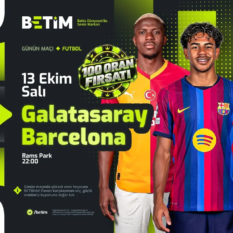 Betim Telegram: 🎲 100 ORAN FIRSATI ➡️ Günün karşılaşmasına özel, ➡️ Galatasaray kazanır 100…