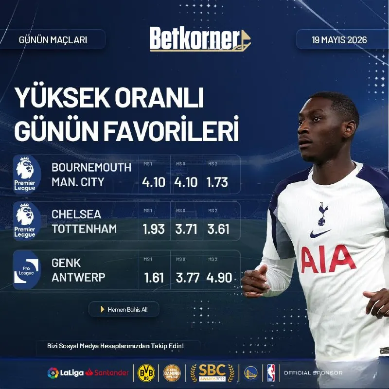 Betkorner Telegram: ⭐️🔥 BETKORNER'LE GÜNÜN MAÇLARI ! 🔥⭐️ 📅 19 MAYIS 2026 🏠 🇬🇧 BOURNEMOUTH vs MAN…