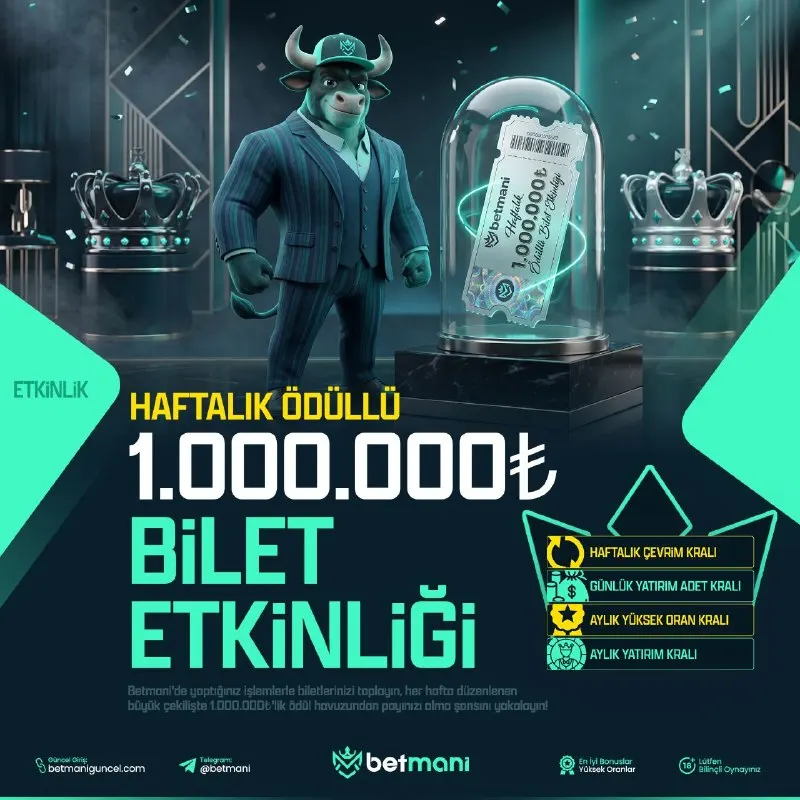 Betmani Telegram: 🎫 Haftalık 1.000.000₺ Ödüllü Bilet Etkinliği Betmani'de! Betmani'de oynadıkça…