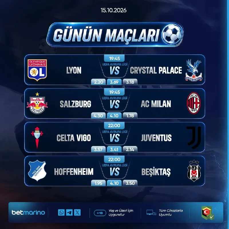 Betmarino Telegram: 🖤🖤🖤🖤 ⚽ Günün Maçları ⚽ Lyon VS Crystal Palace ⚽ Salzburg VS AC Milan ⚽ Celta…
