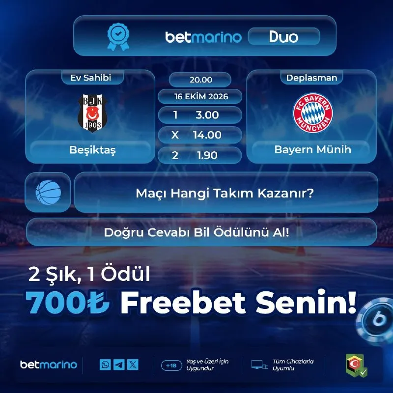 Betmarino Telegram: 7️⃣0️⃣0️⃣ 🔤🔤 🔤🔤🔤🔤🔤 Beşiktaş 🆚 Bayern Münih Karşılaşmasını Hangi Takım Kazanır?…