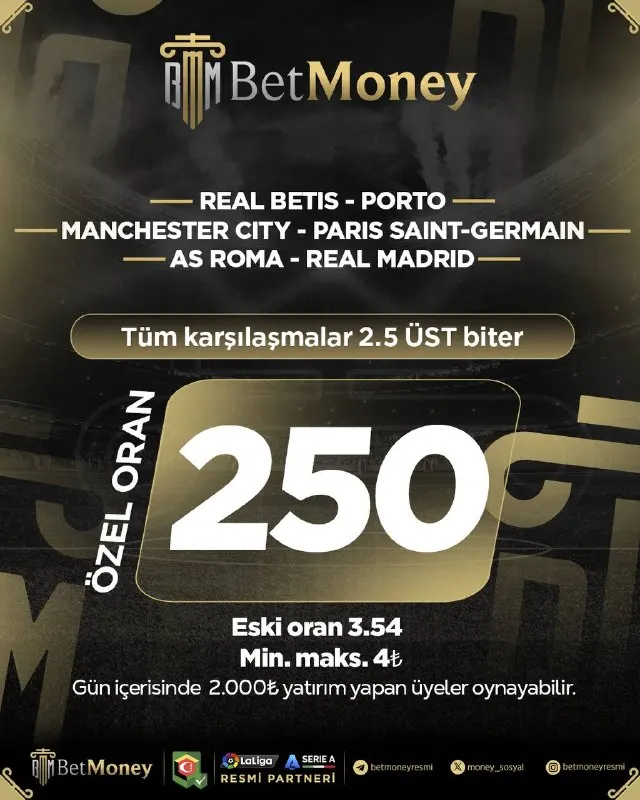 Betmoney Telegram: 🔥 Günün Özel Oranlı Kuponu BetMoney’de! 🎯 HEPSİ 2.5 ÜST 💥 Özel Oran: 250 📉 Eski…