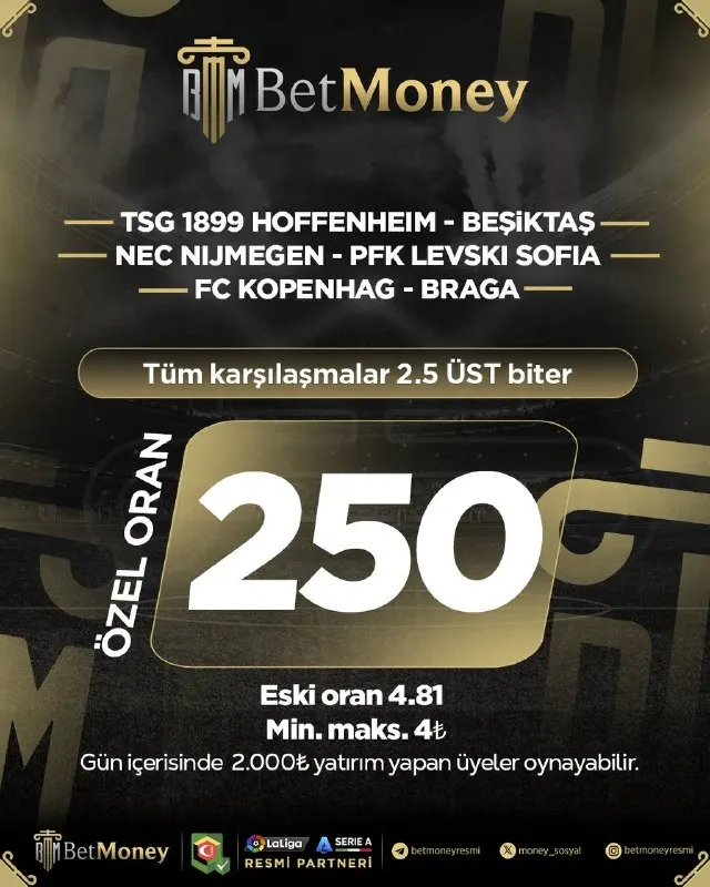 Betmoney Telegram: 🔥 Günün Özel Oranlı Kuponu BetMoney’de! 🎯 HEPSİ 2.5 ÜST 💥 Özel Oran: 250 📉 Eski…