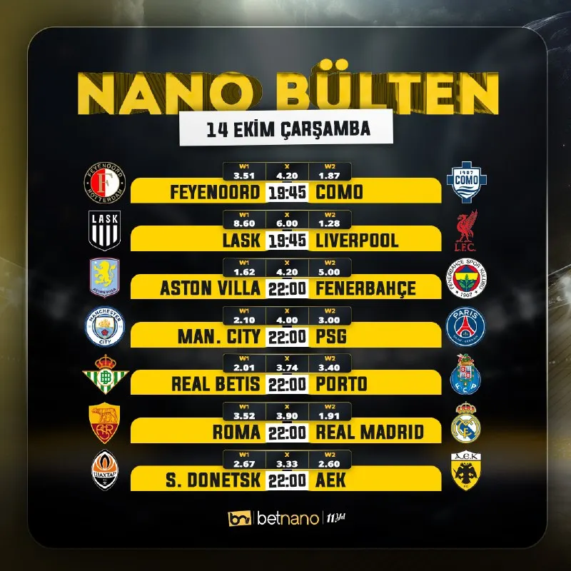 Betnano Telegram: ⚪⚪⚪⚪⚪⚪⚪ ⚽ Günün öne çıkan karşılaşmaları sizler için derlendi. 🦅 En yüksek…