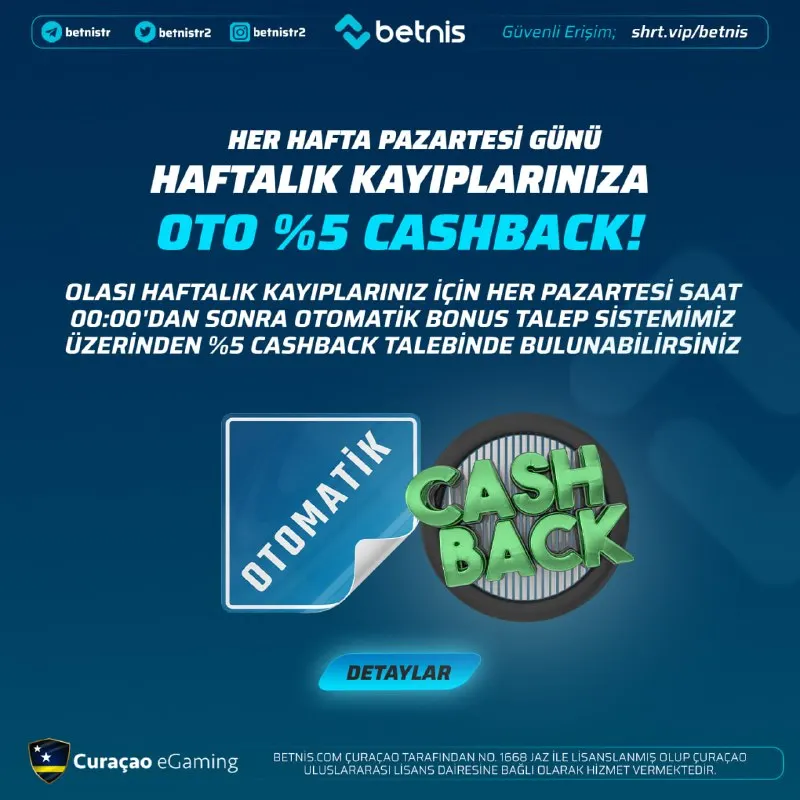 Betnis Telegram: Yepyeni bir haftaya %5 CashBack avantajıyla başlayın! Her hafta, kayıplarınızın…