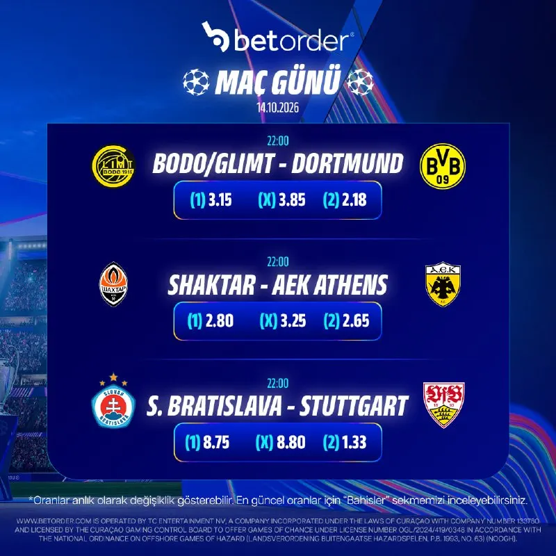 Betorder Telegram: ⚽️🚀Avrupa maç günü Betorder’da! ⚽️🚀 🟡 Bodø/Glimt – Dortmund 🟠 Shakhtar – AEK…