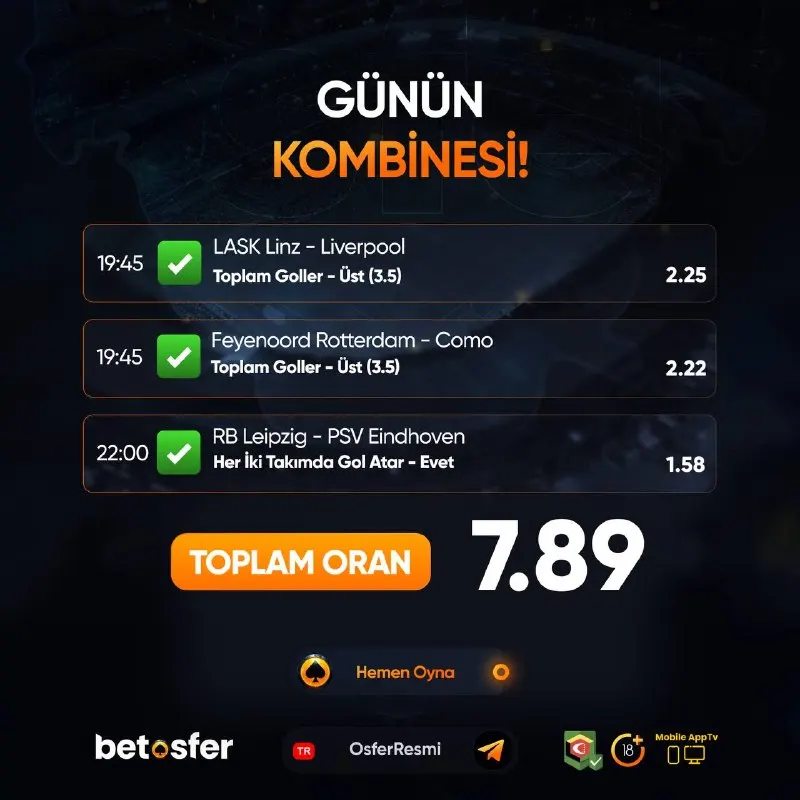 Betosfer Telegram: 😄 GÜNÜN KOMBİNE KUPONUNA BAHİS AL DAHA FAZLA KAZAN ! 🎉 Günün kazançlı kuponları…
