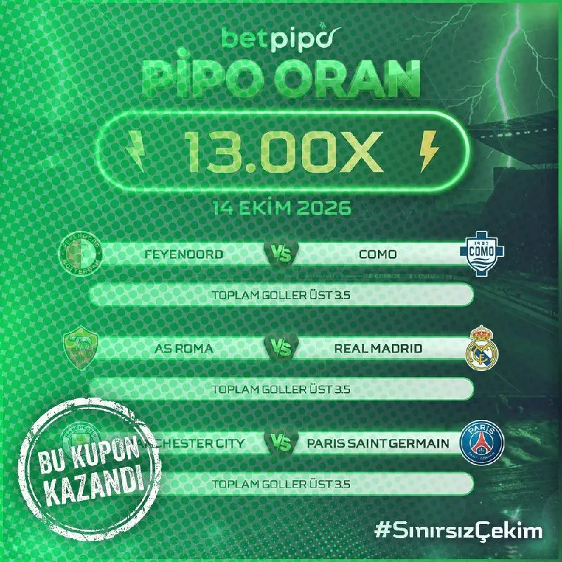 Betpipo Telegram: ⚡ 13.00 ORAN, TEK KUPON, BÜYÜK KAZANÇ! 🔥 ⚽ 3 karşılaşma, 3 başarılı tahmin! 🎯…