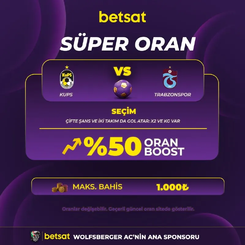 Betsat Telegram: 🔥🔥 SÜPER ORAN KONFERANS LİGİ ÖZEL FIRSAT 🔥🔥 KuPS 🫠 Trabzonspor 🪄🪄 Betsat’ta…