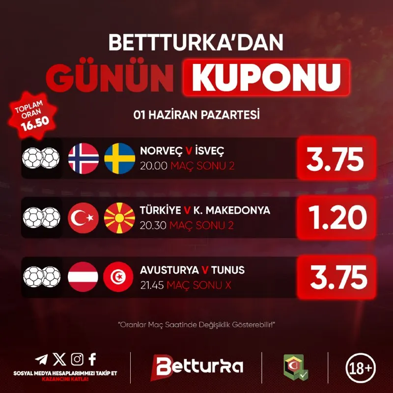 Betturka Telegram: BetTurka'dan Günü Kuponu 🔥🔥🔥🔥🔥🔥🔥🔥 📢01.06.2026 ✔️Norveç 🆚 İsveç ✔️Türkiye 🆚…