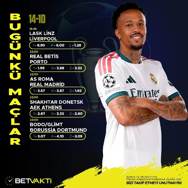 Betvakti Telegram: 🏆 Şampiyonlar Ligi günün programı hazır! 📋 Maçları seç, oranları takip et…