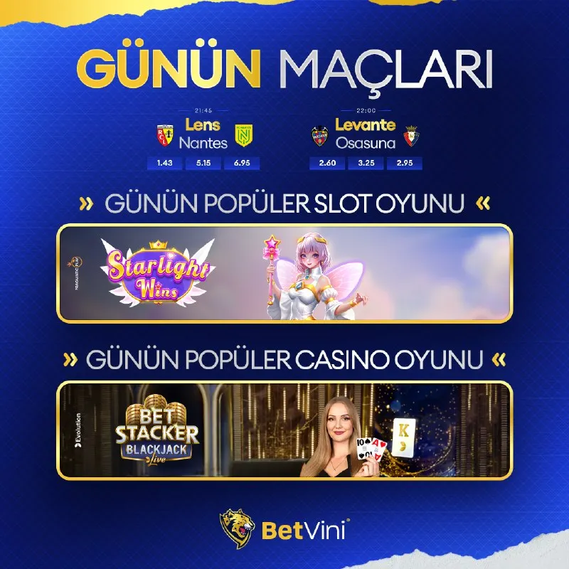 Betvini Telegram: 🔥 Betvini’de günün heyecanı başladı! ⚽🎰 🌟 Popüler maçlar, şans dolu slotlar ve…