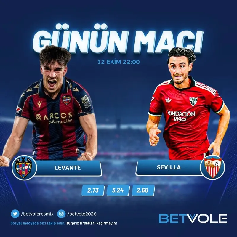 Betvole Telegram: 🤩 İspanya Ligi Heyecanı BETVOLE’de Yaşanır ! 🦁 Levante 🆚 Sevilla 🤩 ‼️ Bahisler…
