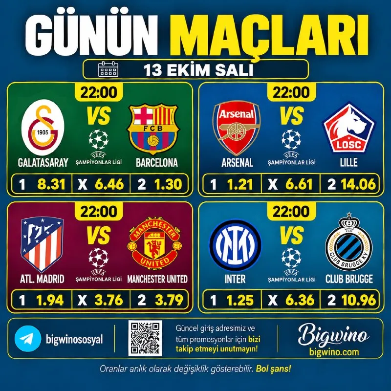 Bigwino Telegram: ⚽️ Bigwino'da Günün Öne Çıkan Maçları! ⚡️ En Yüksek Oranlar ⭐️ Geniş Market…
