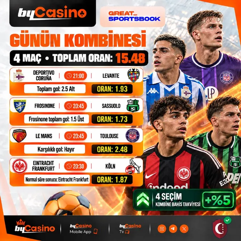 Bycasino Telegram: 🔥 15.48 ORAN - GREAT SPORTSBOOK! ⚡️ 4 Seçimlik Kombinene Özel +%5 Bahis…