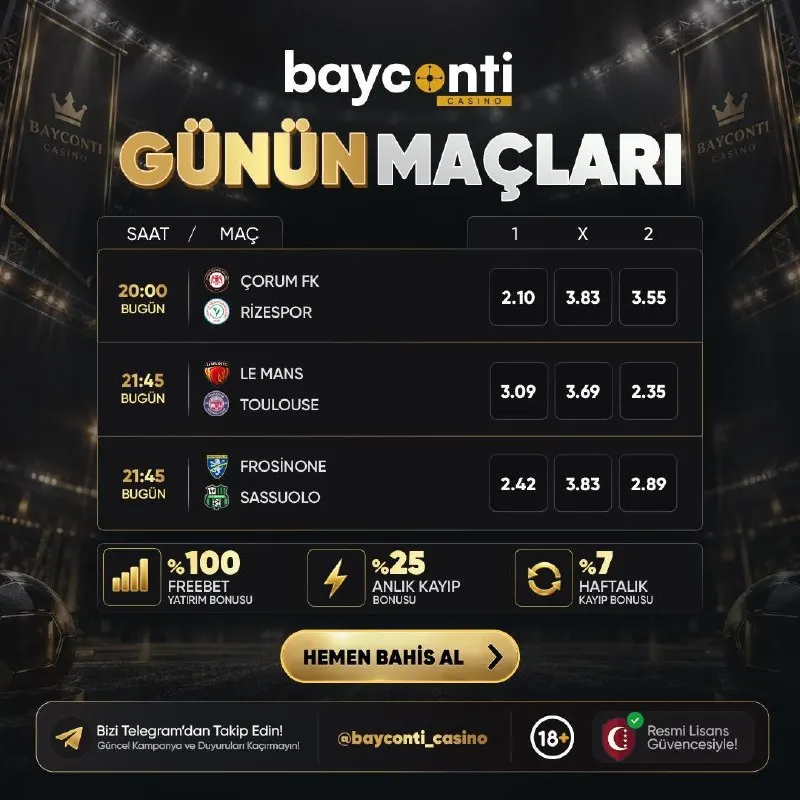 Byconti Casino Telegram: ⚽️ BOOSTED ODDS ⚽️ ➡️ Çorum FK 🆚Rizespor ➡️ Le Mans🆚Toulouse ➡️…