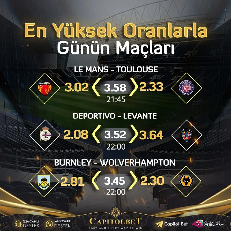 Capitolbet Telegram: ⬆️ #CapitolBet 'te Günün En Heyecanlı Karşılaşmaları ⬇️ 🕒 21:45 - Le Mans ⚔️…