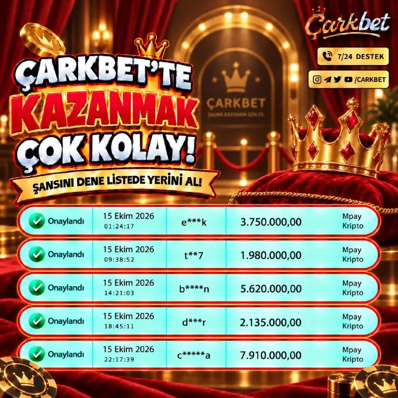 Çarkbet Telegram: 👑 ÇARKBET’TE KAZANÇ LİSTESİ HER GÜN YENİLENİYOR❕ 💸 Günün farklı saatlerinde…