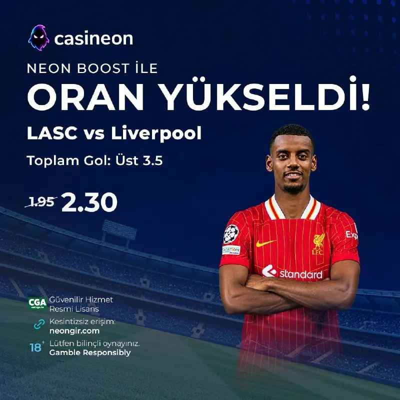 Casineon Telegram: ⚡ NEON BOOST İLE ORAN YÜKSELDİ! ⚽️ LASC 🆚 Liverpool ➡️ Toplam Gol: Üst 3.5 ⭐️…