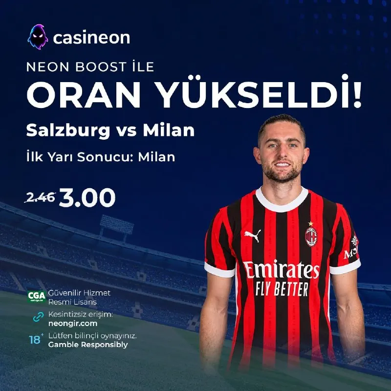 Casineon Telegram: ⚡ NEON BOOST İLE ORAN YÜKSELDİ! ⚽️ Salzburg 🆚 Milan ➡️ İlk Yarı Sonucu: Milan…