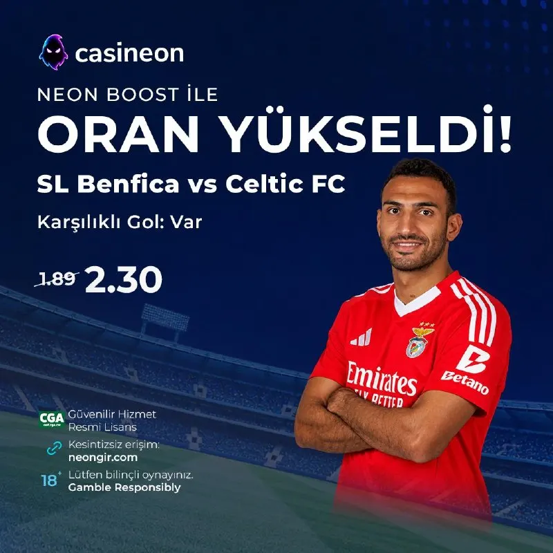 Casineon Telegram: ⚡ NEON BOOST İLE ORAN YÜKSELDİ! ⚽️ SL Benfica 🆚 Celtic FC ➡️ Karşılıklı Gol…
