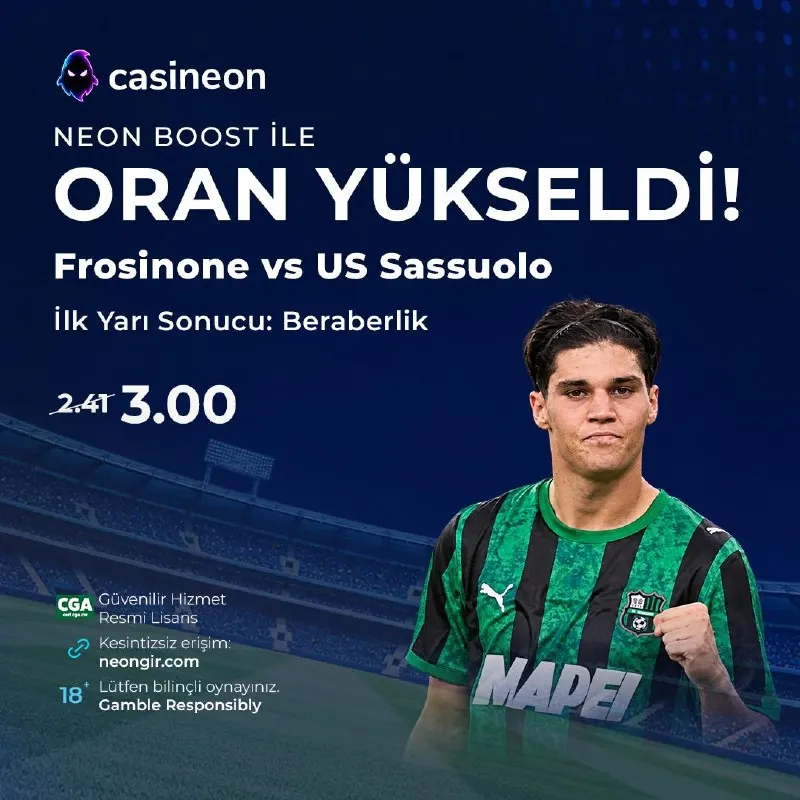 Casineon Telegram: ⚡ NEON BOOST İLE ORAN YÜKSELDİ! ⚽️ Frosinone 🆚 US Sassuolo ➡️ İlk Yarı Sonucu…