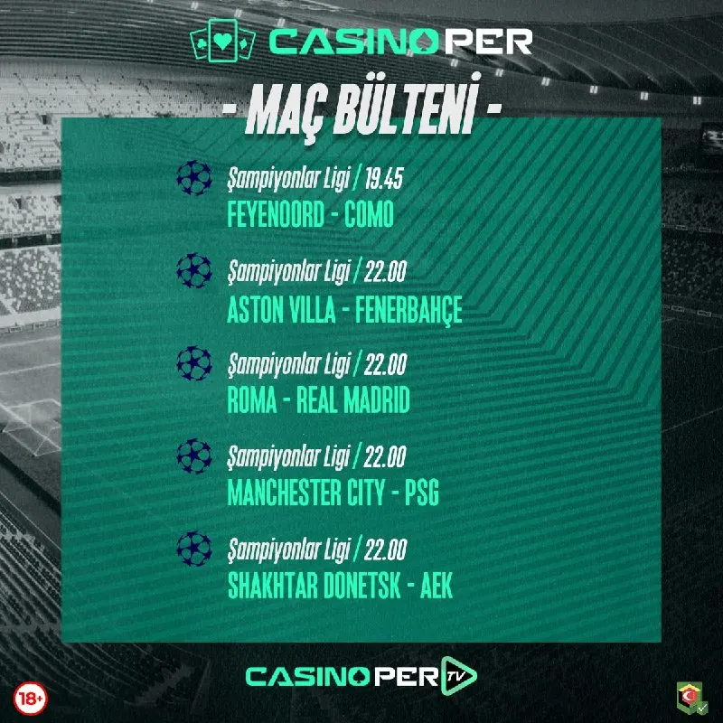 Casinoper Telegram: 🏆 Şampiyonlar Ligi heyecanı devam ediyor! Fenerbahçe, Aston Villa'ya konuk…