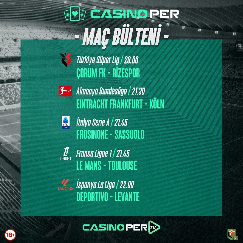 Casinoper Telegram: ⚽ Günün en çok bahis alınan karşılaşmaları CasinoPer bülteninde! 🟢 Çorum FK ➖…