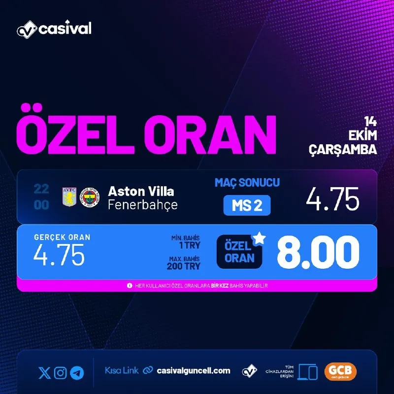Casival Telegram: ÖZEL ORAN AKTİF! 🐈‍⬛ GÜNÜN MAÇI, CASIVAL'DE DEV ORANLA !