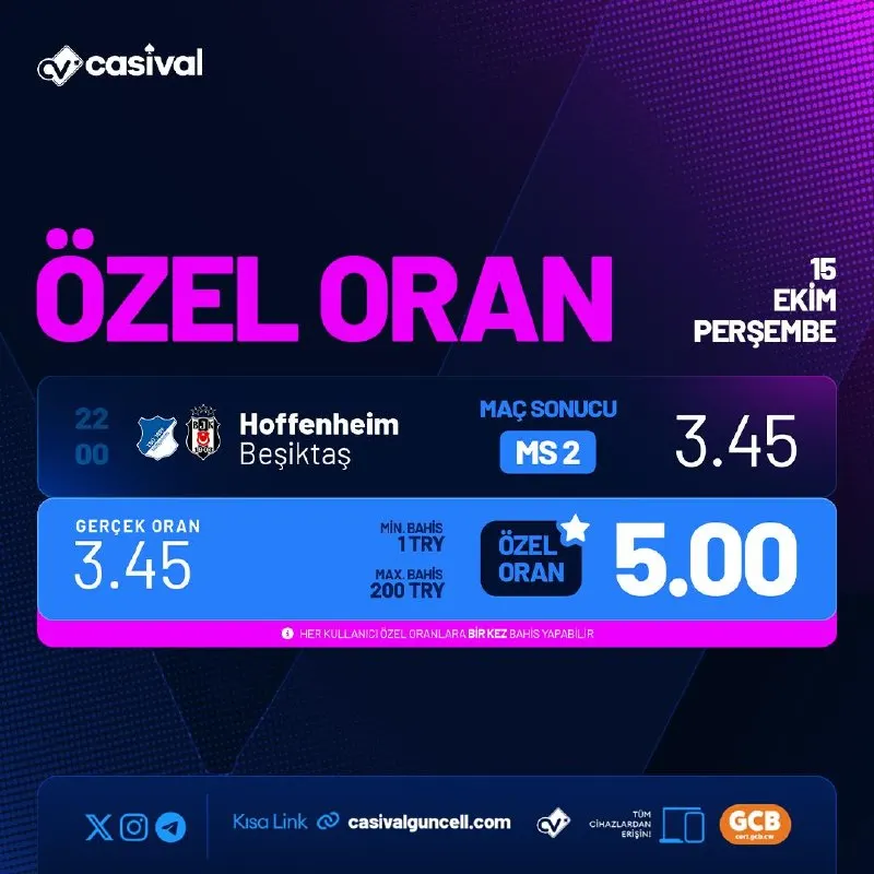 Casival Telegram: ÖZEL ORAN AKTİF! 🐈‍⬛ GÜNÜN MAÇI, CASIVAL'DE DEV ORANLA !
