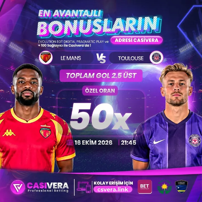 Casivera Telegram: 🔸LE MANS - TOULOUSE MÜCADELESİNE 50x ÖZEL ORAN CASİVERA'DA 💰 Bahis Miktarı: 20…