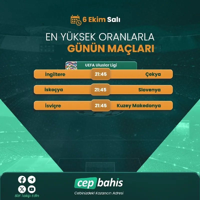 Cepbahis Telegram: ⚽️ Günün Önemli Maçları ⚽️ 👨💻 Birbirinden farklı bahis seçenekleriyle! 🏆 UEFA…