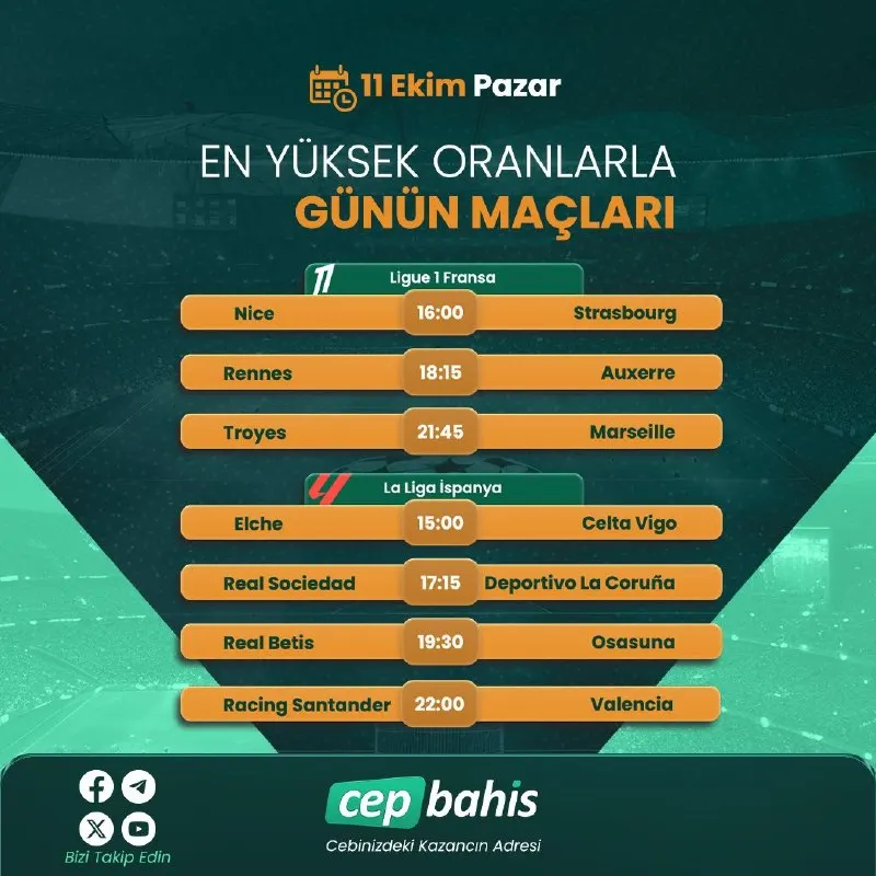 Cepbahis Telegram: ⚽️ Günün Maçları! 🔥 🏆 Ligue 1 🇪🇺 / La Liga 🇪🇸 🗓 11 Ekim Pazar ⚡️ Birbirinden…