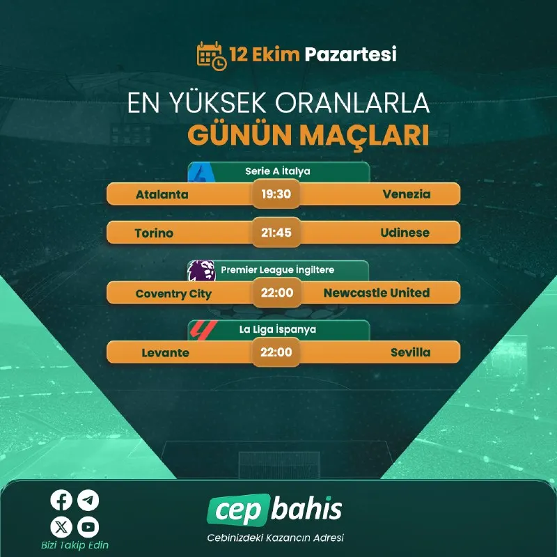 Cepbahis Telegram: ⚽️ Günün Maçları! 🔥 🏆 Serie A 🇮🇹 | Premier League 🏴| La Liga 🇪🇸 🗓 12 Ekim…