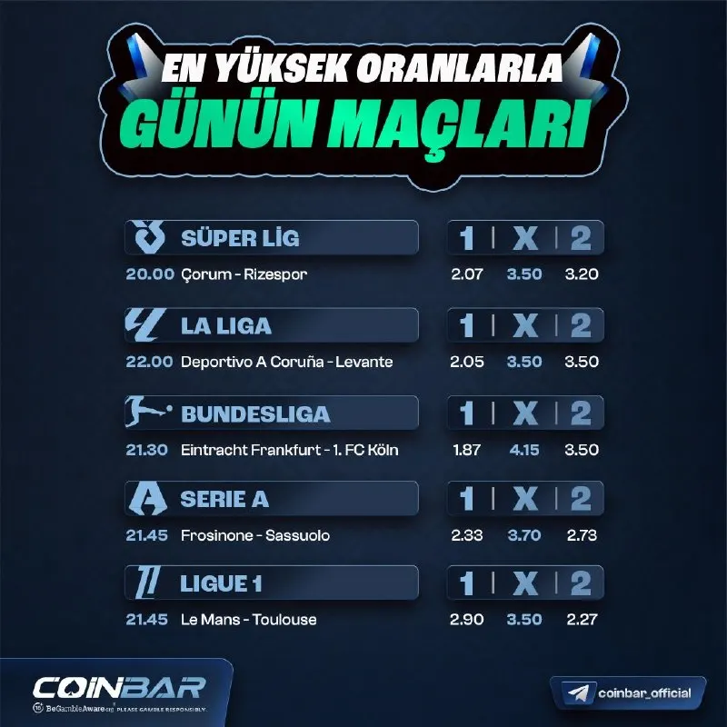 Coinbar Telegram: 🥁 En Yüksek Oranlarla Günün Maçları! ⚽️ Kazanmak için hemen tıkla! ⚡️🚀💎🍭 🔣…