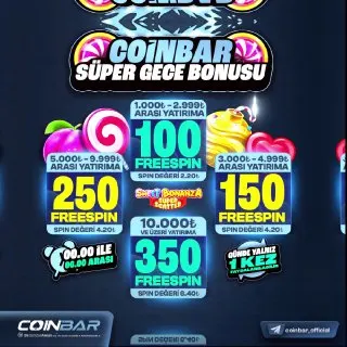 Coinbar Telegram: ✨🌙SÜPER GECE BONUSU!⭐️ ⏰00:00 – 06:00 arası yatırımlarına ekstra Freespin…